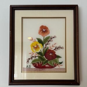 VTG Floral Crewel Embroidery Framed Art AS initials Cottagecore Retro MCM Pansy